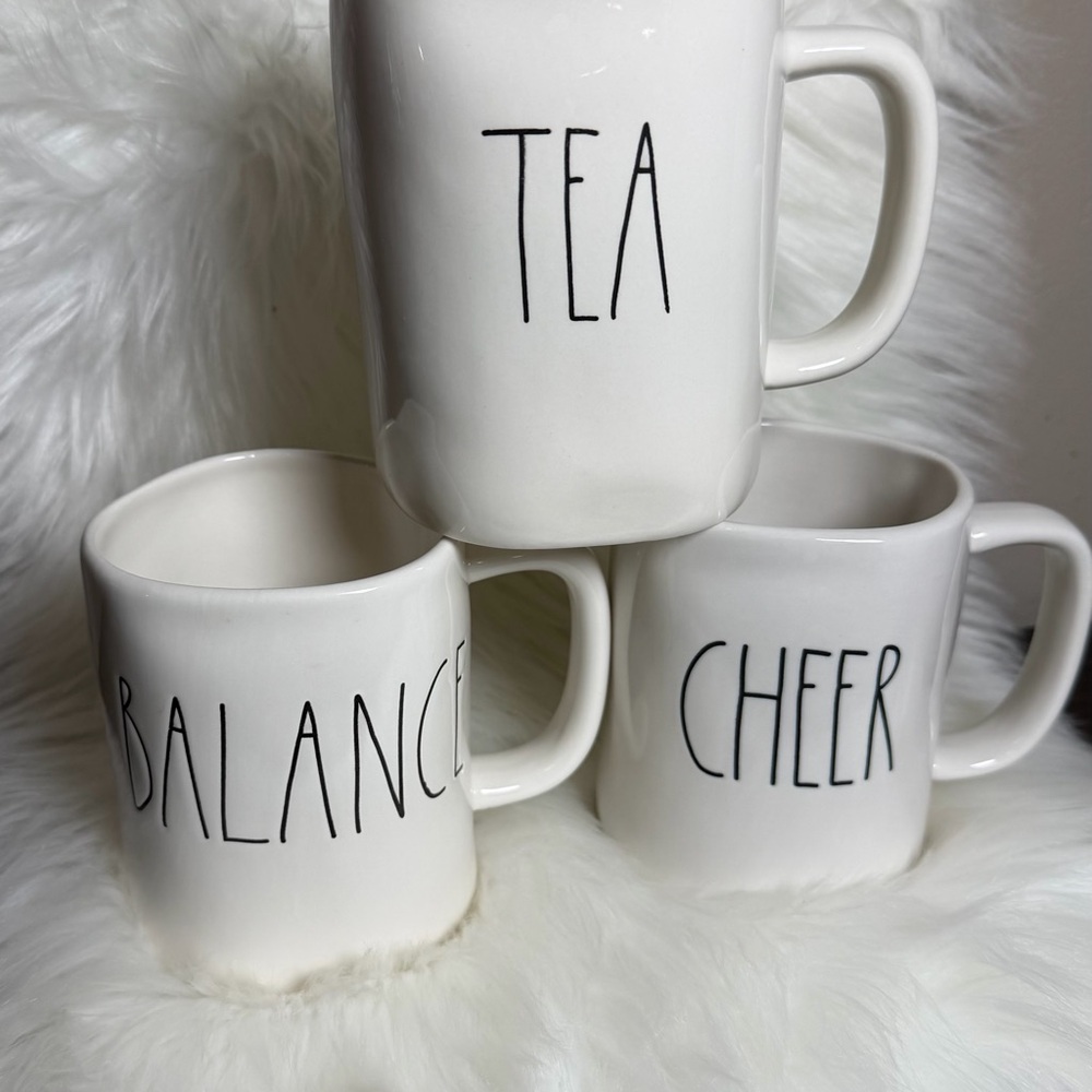 Rae Dunn White Ceramic Mugs with Black Script - TEA, BALANCE, CHEER